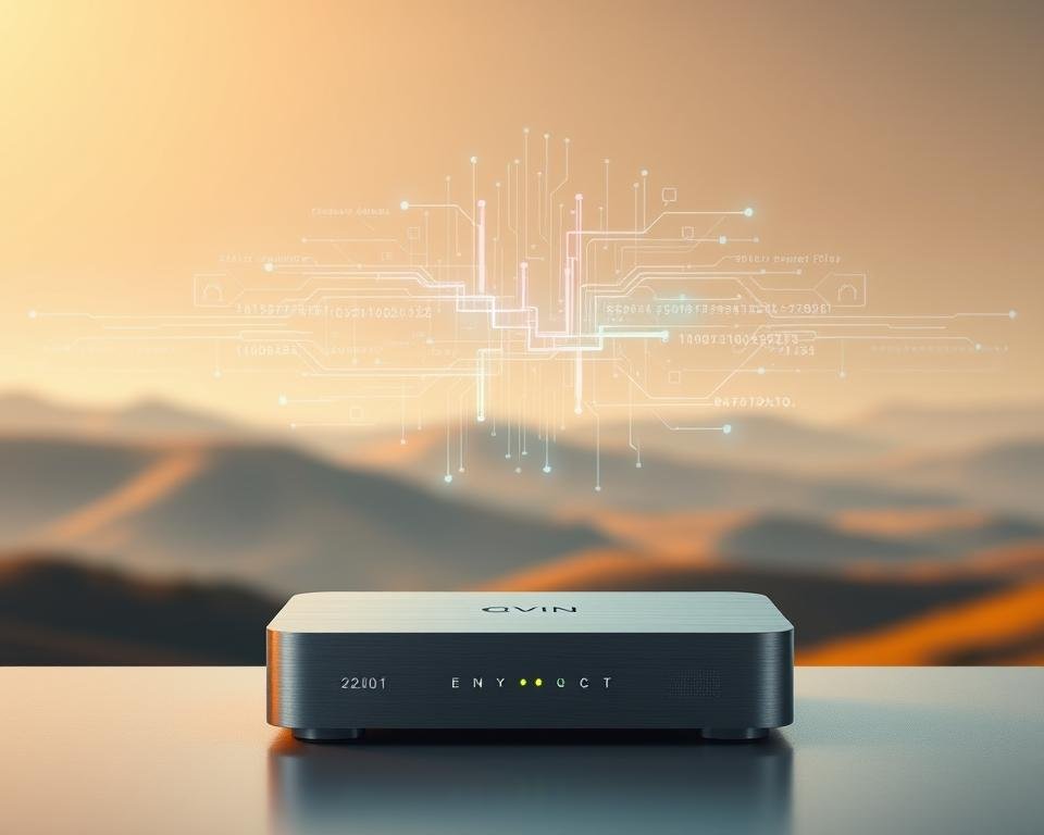 A serene, minimalist composition of secure streaming privacy features. In the foreground, a sleek, brushed metal device with clean lines and a glowing indicator light, symbolizing a secure streaming box or virtual private network (VPN) router. The middle ground features a holographic display of encrypted data flows, represented by vibrant, prismatic lines and shapes. In the background, a softly blurred landscape of tranquil rolling hills, conveying a sense of digital safety and protection. Warm, diffused lighting creates a calming, high-tech atmosphere, while the camera angle suggests a bird's eye view, reinforcing the idea of comprehensive, layered privacy and security.