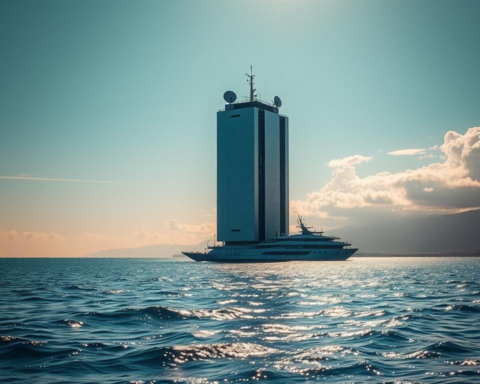 A serene offshore scene with a towering data center against a picturesque ocean backdrop. The sleek, modern facility stands tall, its facade gleaming under the warm, golden sunlight. Satellite dishes and antennas dot the rooftop, conveying the idea of global connectivity. In the foreground, a calm sea stretches out, its glistening waves lapping against the shore. The overall atmosphere is one of technological prowess and a sense of boundless access to content, reflecting the power and reach of the IFLEX IPTV offshore streaming service.