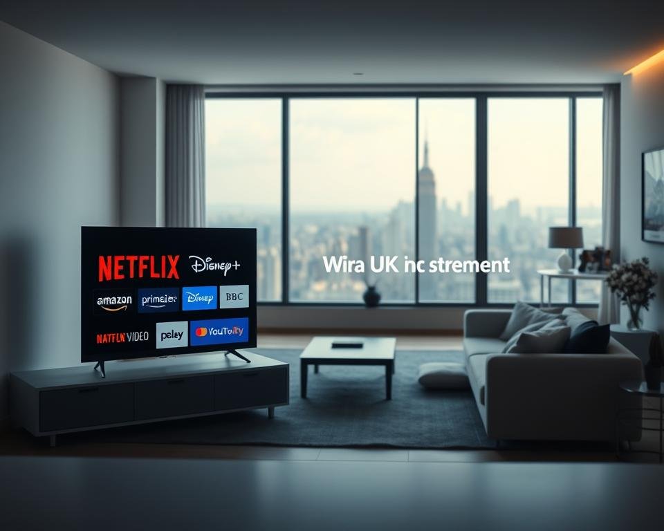 A serene, well-lit living room with a modern entertainment system showcasing various digital streaming service icons. The foreground features a sleek, minimalist TV stand displaying logos for popular legal streaming platforms like Netflix, Amazon Prime Video, Disney+, and BBC iPlayer. The middle ground shows a comfortable sofa and coffee table, creating a cozy atmosphere. The background depicts a large window overlooking a cityscape, with soft natural lighting filtering through. The overall scene conveys a sense of sophistication and the accessibility of legitimate on-demand entertainment options available to UK consumers.