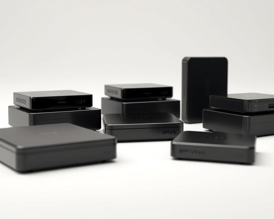 A set of sleek, modern IPTV set-top boxes in a clean, minimalist arrangement. The boxes are rendered in a variety of dark and light tones, with clean lines and subtle textures. The lighting is soft and even, creating a sense of sophistication and high-end technology. The camera is positioned to showcase the boxes from a slightly elevated angle, emphasizing their compact and elegant design. The background is a neutral, studio-like environment, allowing the boxes to be the focal point of the image. A set of sleek, modern IPTV set-top boxes in a clean, minimalist arrangement. The boxes are rendered in a variety of dark and light tones, with clean lines and subtle textures. The lighting is soft and even, creating a sense of sophistication and high-end technology. The camera is positioned to showcase the boxes from a slightly elevated angle, emphasizing their compact and elegant design. The background is a neutral, studio-like environment, allowing the boxes to be the focal point of the image.