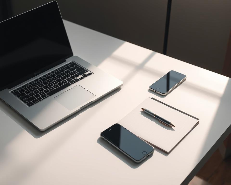 A simple setup guide on a clean, minimalist table with modern, sleek office supplies. A laptop, a smartphone, a pen, and a notepad are arranged neatly, creating a sense of order and organization. Soft, directional lighting illuminates the scene, casting gentle shadows that add depth and dimensionality. The background is a muted, neutral color, allowing the setup to take center stage. The overall atmosphere conveys a sense of efficiency, productivity, and a streamlined approach to technology.