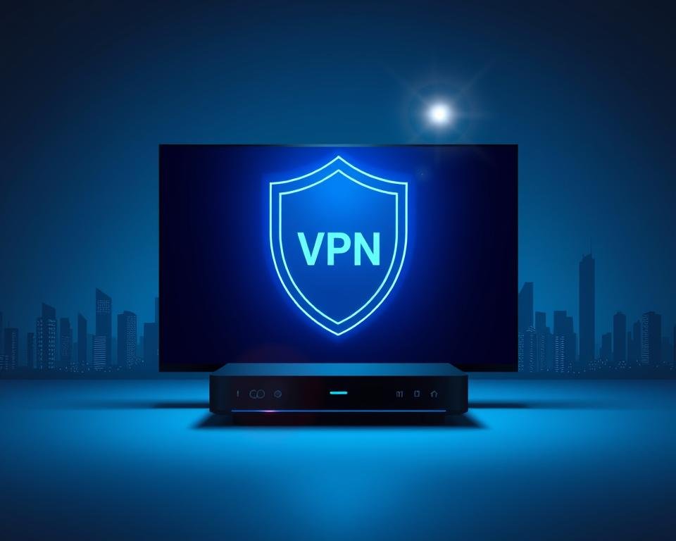 A sleek VPN icon casts a protective shield over a streaming device, bathed in a cool blue hue. In the background, a minimalist cityscape symbolizes the global reach of secure internet access. The composition conveys a sense of privacy and uninterrupted entertainment, with smooth gradients and crisp lines. A lens flare effect adds a touch of futuristic elegance, while the overall mood is one of technological sophistication and personal empowerment.