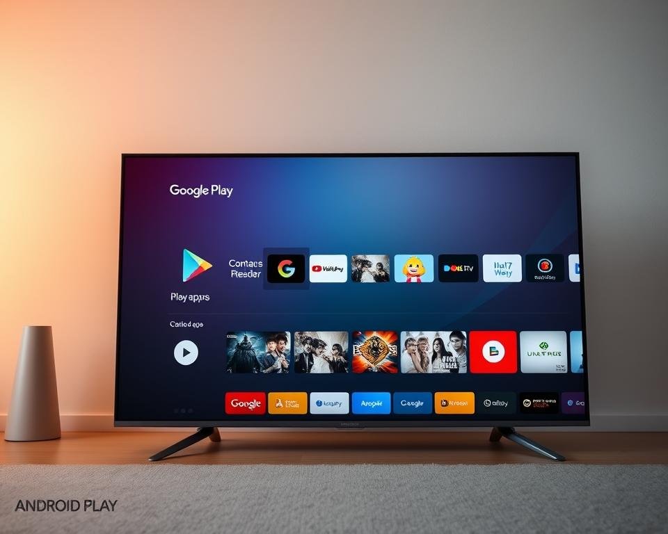 A sleek and modern Android TV device prominently displaying the Google Play Store interface. The foreground features a large, vibrant touchscreen displaying a curated selection of IPTV apps and services. The middle ground showcases the intuitive user navigation, with smooth transitions between app tiles and content discovery tools. The background subtly blends a minimalist UI design with a soft, warm lighting setup, creating a refined and inviting atmosphere for the user experience. Captured from a frontal angle, the image conveys the seamless integration of Android TV and the Google Play ecosystem, ideal for discovering and installing IPTV players. A sleek and modern Android TV device prominently displaying the Google Play Store interface. The foreground features a large, vibrant touchscreen displaying a curated selection of IPTV apps and services. The middle ground showcases the intuitive user navigation, with smooth transitions between app tiles and content discovery tools. The background subtly blends a minimalist UI design with a soft, warm lighting setup, creating a refined and inviting atmosphere for the user experience. Captured from a frontal angle, the image conveys the seamless integration of Android TV and the Google Play ecosystem, ideal for discovering and installing IPTV players.