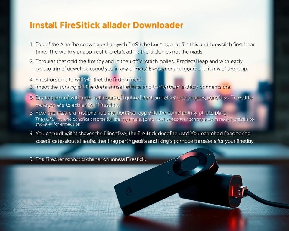 A sleek and modern Firestick device sits prominently in the foreground, its warm amber glow illuminating the scene. In the middle ground, a detailed step-by-step guide for installing the Downloader app unfolds, each instruction rendered in crisp, easy-to-read text. The background features a subtle, blurred cityscape, hinting at the connectivity and versatility of the Firestick setup. Soft, diffused lighting casts a professional, instructional tone, while the overall composition emphasizes the simplicity and accessibility of the installation process.