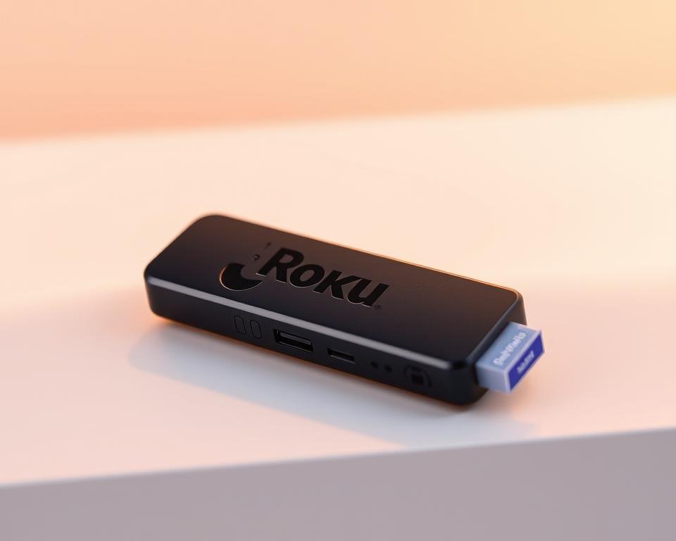 A sleek and modern Roku Streaming Stick 4K device, sitting atop a minimal white surface with a clean and simple background. The device is rendered in a warm, soft lighting, highlighting its matte black finish and compact, rectangular form. The image captures the device's simplicity and reliability, conveying a sense of effortless streaming experience. The composition emphasizes the device's key features, showcasing its compact size and discreet design, perfect for seamless integration into any home entertainment setup.