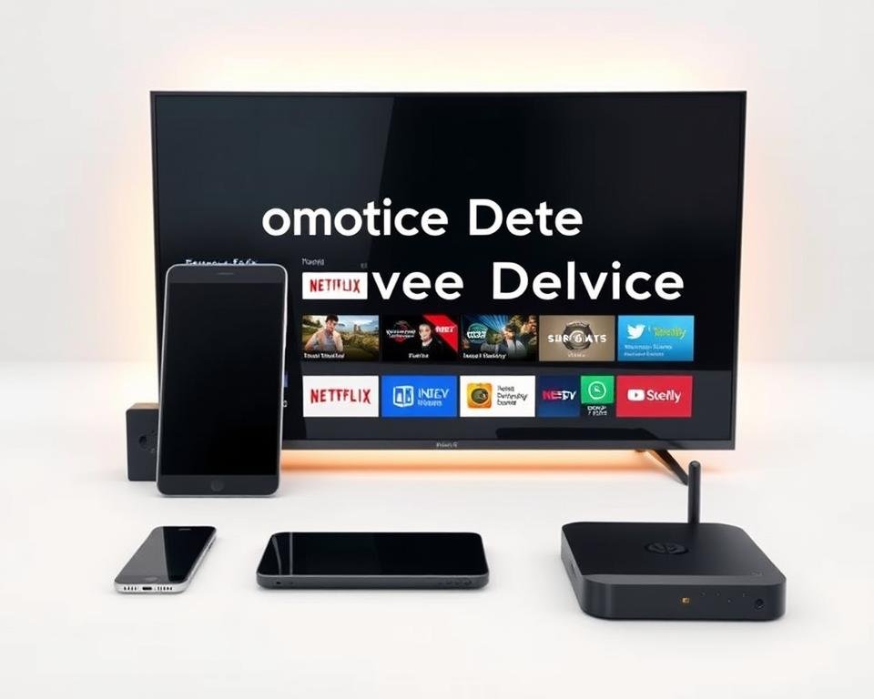 A sleek and modern arrangement of various electronic devices, including a smart TV, a tablet, a smartphone, and a streaming media player, all neatly displayed against a minimalist white background. The devices are presented in a clean, organized manner, highlighting their compatibility and seamless integration. Soft, diffused lighting casts a warm, inviting glow, accentuating the smooth, high-tech surfaces and creating a sense of sophistication. The composition is balanced, with the devices strategically positioned to create a visually appealing and cohesive display that effectively communicates the "Complete Device Compatibility" concept.