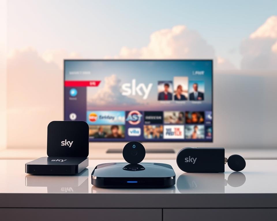 A sleek and modern composition showcasing Sky's 4K streaming ecosystem. In the foreground, a lineup of Sky's flagship streaming devices - the Sky Q box, the Sky Glass all-in-one TV, and the Sky Stream puck - arranged neatly on a minimalist table, their glossy surfaces reflecting the soft, warm lighting. In the middle ground, a large, ultra-high-definition display shows various Sky entertainment apps and content, conveying the breadth of the platform. The background features a serene, cloud-filled sky, hinting at the seamless, high-quality 4K streaming experience Sky provides. The overall scene emanates a sense of technological sophistication, efficiency, and the future of home entertainment.