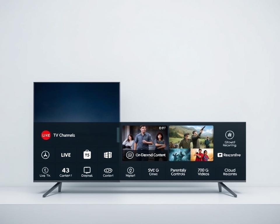 A sleek and modern digital display showcasing the key features of a premium IPTV service. In the foreground, a minimalist UI presents a grid of icons representing live TV channels, on-demand content, parental controls, and cloud recording. The middle ground features high-definition video thumbnails and smooth, responsive UI interactions. The background is a subtle gradient, creating a clean and visually appealing composition. The overall mood is one of sophistication and technological prowess, highlighting the advanced capabilities of the premium IPTV offering.