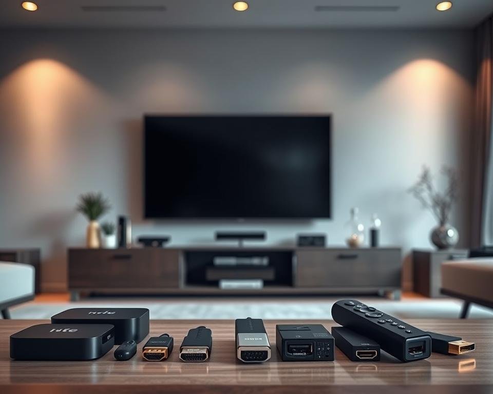 A sleek and modern living room, with a large flatscreen television mounted on the wall. In the foreground, an array of various streaming devices are neatly arranged - from a state-of-the-art smart TV box to compact HDMI dongles, showcasing the diverse compatibility options. The middle ground features a stylish entertainment center housing the devices, complemented by tasteful decor elements. Soft, diffused lighting creates a warm, inviting ambiance, highlighting the seamless integration of technology and home aesthetics. The background blurs into a minimalist, neutral-toned setting, allowing the focus to remain on the featured streaming devices and their compatibility.