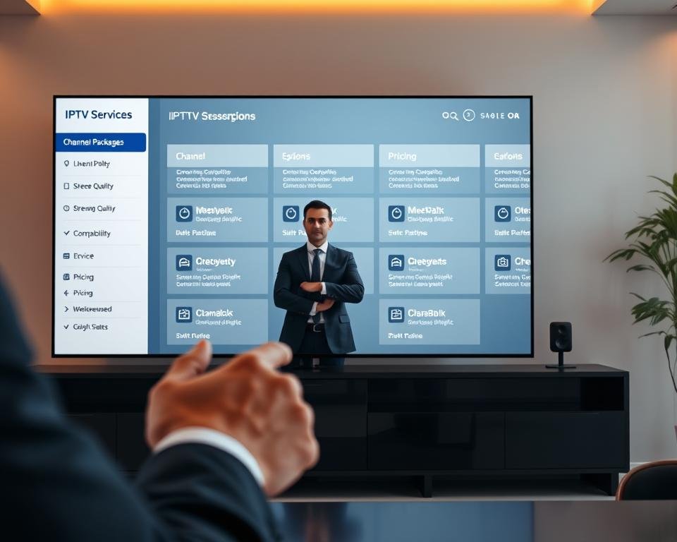 A sleek and modern office setting with a large display screen showcasing various IPTV service options. The screen features a clean, minimalist UI with clearly labeled categories such as "Channel Packages", "Streaming Quality", "Device Compatibility", and "Pricing". The foreground includes a person's hands navigating the on-screen menus, while the middle ground features a well-dressed professional in a thoughtful pose, considering the options. The background is softly blurred, creating a sense of focus on the key decision-making elements. The lighting is warm and natural, enhancing the sense of a considered, deliberate process. The overall mood is one of informed decision-making, with a touch of professionalism and sophistication.