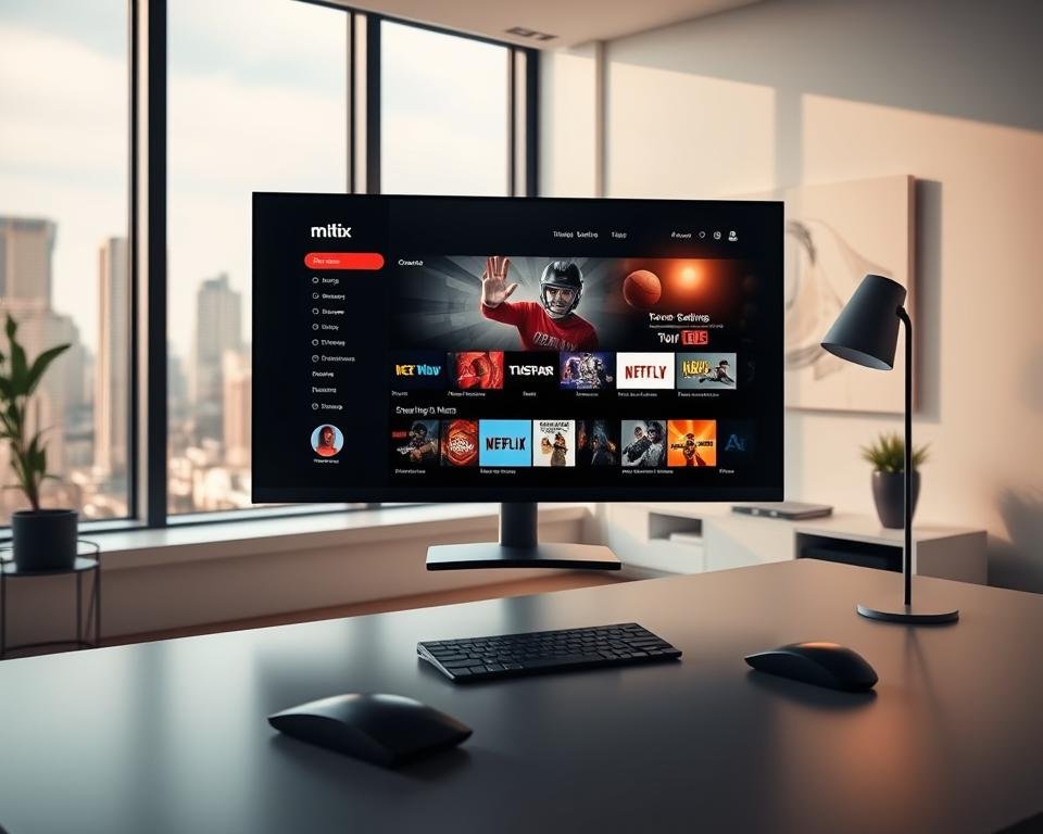 A sleek and modern office setting, with a large, high-resolution computer monitor displaying various streaming service features. In the foreground, a minimalist desk with a wireless mouse, keyboard, and a stylish lamp. The middle ground features a window with a cityscape view, providing natural lighting that casts a warm glow across the scene. The background showcases a clean, minimalist wall with abstract artwork, creating a sense of balance and sophistication. The overall mood is one of professionalism, productivity, and a focus on the key features of various streaming services.