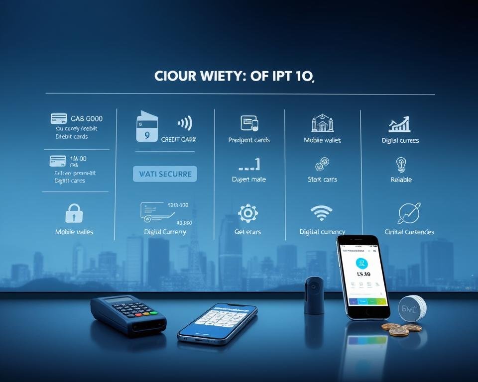 A sleek and modern payment interface showcasing various secure payment options including credit/debit cards, mobile wallets, and digital currencies. The scene is bathed in a soft blue-gray lighting, creating a sense of trust and reliability. The foreground features clean, minimalist UI elements with intuitive icons and layouts. The middle ground showcases product shots of payment devices like card readers and smartphones, emphasizing security and convenience. The background subtly depicts a cityscape skyline, suggesting a reliable, enterprise-grade solution. Overall, the image conveys a secure, seamless, and trustworthy IPTV payment experience.
