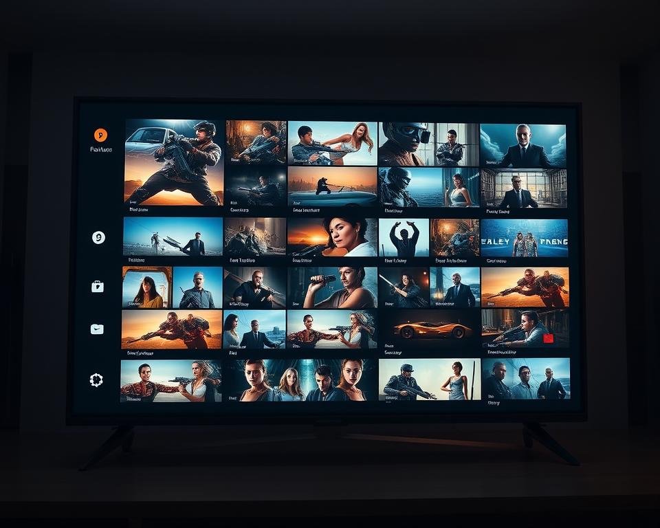A sleek and modern streaming service interface featuring a grid of high-quality video thumbnails, with a clean and intuitive menu system showcasing the key features. The screen is bathed in a warm, cinematic lighting, creating a premium and immersive atmosphere. The layout is balanced and visually appealing, with clear iconography and subtle transitions between content categories. The overall design conveys a sense of quality, reliability, and cutting-edge technology, reflecting the high-end nature of the premium IPTV service.