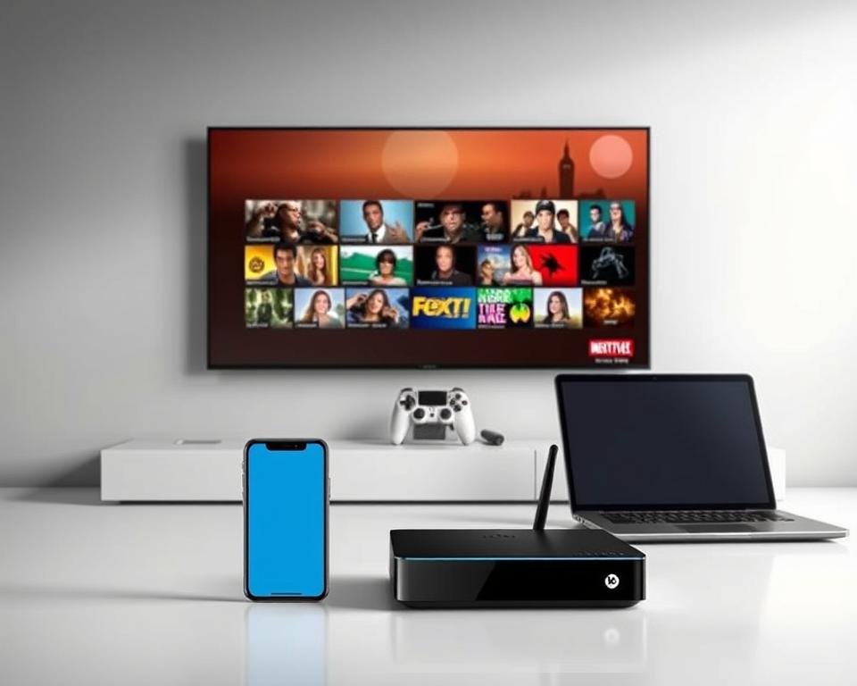 A sleek, contemporary display showcasing an array of compatible devices for streaming live TV channels. In the foreground, a smart TV, smartphone, and tablet are artfully arranged, their elegant designs complementing the minimalist aesthetic. The middle ground features a gaming console, streaming box, and laptop, each representing the diverse options for accessing the IPTV service. The background is a subtle, softly-lit studio setting, creating a sense of professionalism and technical expertise. The overall composition conveys the seamless integration and compatibility of the IPTV platform with the user's preferred devices, catering to a modern, tech-savvy audience. A sleek, contemporary display showcasing an array of compatible devices for streaming live TV channels. In the foreground, a smart TV, smartphone, and tablet are artfully arranged, their elegant designs complementing the minimalist aesthetic. The middle ground features a gaming console, streaming box, and laptop, each representing the diverse options for accessing the IPTV service. The background is a subtle, softly-lit studio setting, creating a sense of professionalism and technical expertise. The overall composition conveys the seamless integration and compatibility of the IPTV platform with the user's preferred devices, catering to a modern, tech-savvy audience.