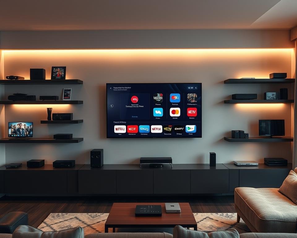 A sleek, contemporary living room with a wall-mounted TV, surrounded by various devices neatly arranged on shelves and side tables. The TV screen displays a seamless transition between streaming platforms, showcasing their compatibility. Warm, diffused lighting illuminates the scene, creating a cozy, inviting atmosphere. The room's neutral tones and clean lines emphasize the modern, versatile nature of the setup, highlighting the convenience of streaming content on multiple devices.