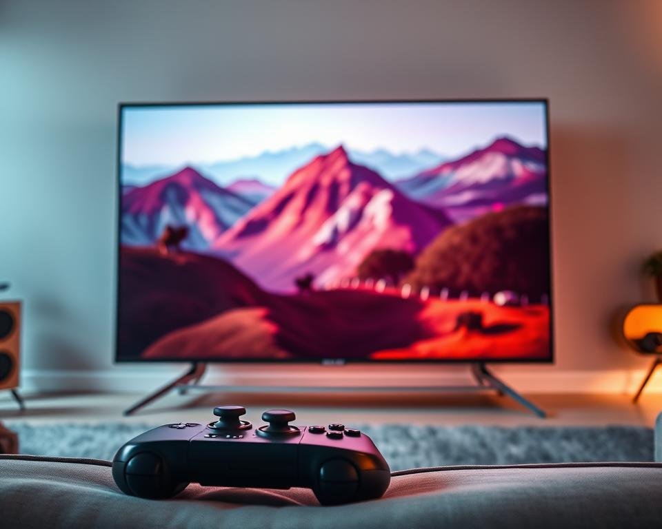 A sleek, high-end television set showcases a stunningly crisp, vibrant 4K HDR display. The screen is bathed in a warm, ambient glow, with subtle reflections of the scene playing out on its glossy surface. In the foreground, a game controller or remote control lies ready, hinting at the seamless interactivity and control the user has over their streaming experience. The background features a modern, minimalist living room setting, with clean lines and muted colors that complement the technological focus. The overall atmosphere conveys a sense of effortless, high-quality streaming performance, delivering an immersive and visually stunning viewing experience.