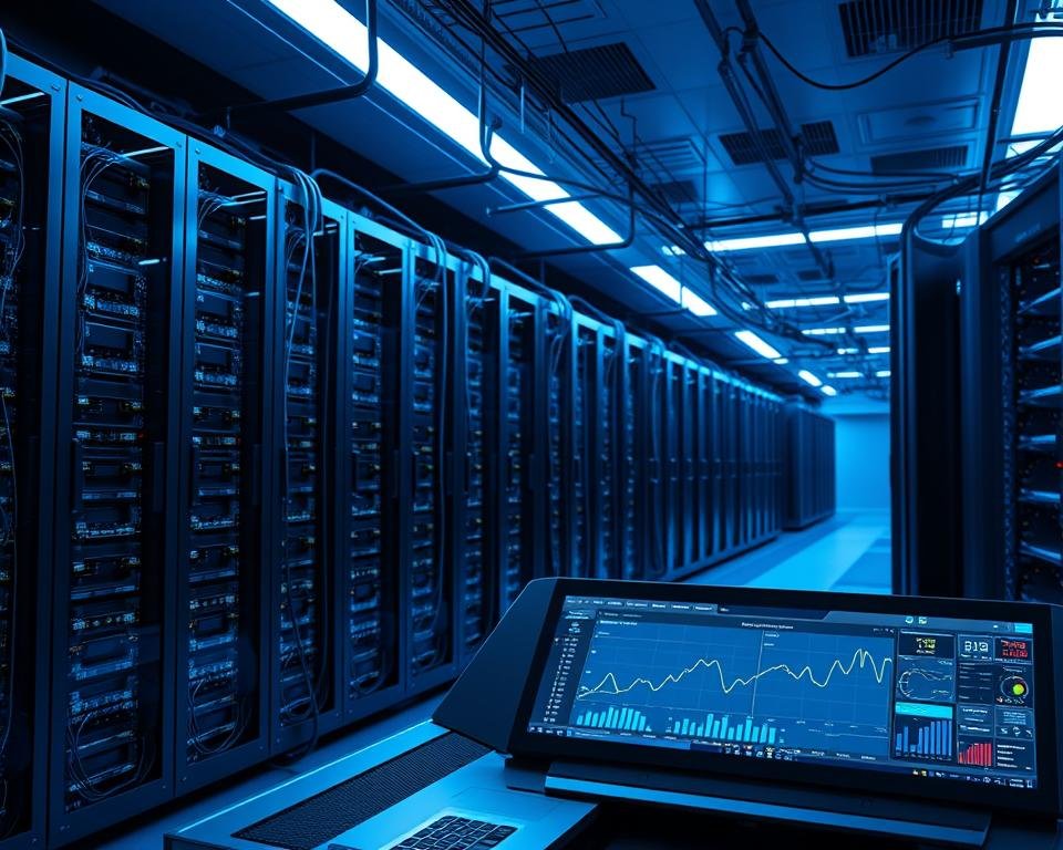 A sleek, high-tech data center with rows of gleaming server racks, bathed in a cool blue-white glow from subtle overhead lighting. Intricate wiring and fiber optic cables snake between the racks, conveying data at lightning speed. In the foreground, a futuristic control console with a panoramic display screen, showing real-time network analytics and performance metrics. The atmosphere is one of advanced, cutting-edge technology powering seamless, uninterrupted digital experiences. A sense of efficiency, reliability, and innovation pervades the scene.