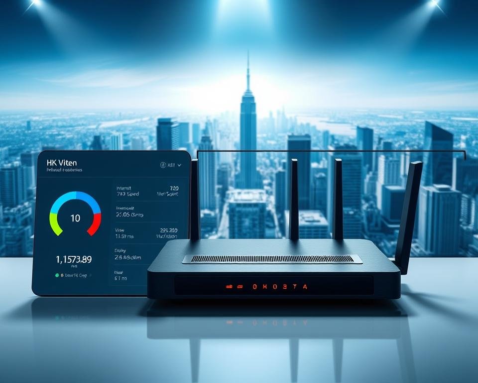 A sleek, high-tech interface displaying the technical requirements for optimal 4K live TV streaming. In the foreground, a clean dashboard showcases key details like internet speed, video codec, and display resolution. The middle ground features a 3D model of a modern router, illustrating the network infrastructure needed. In the background, a panoramic cityscape with towering skyscrapers symbolizes the scale and connectivity of the online streaming service. The scene is bathed in a cool, futuristic color palette, reflecting the advanced, cutting-edge nature of the technology. Dramatic lighting casts sharp shadows, conveying a sense of precision and professionalism.
