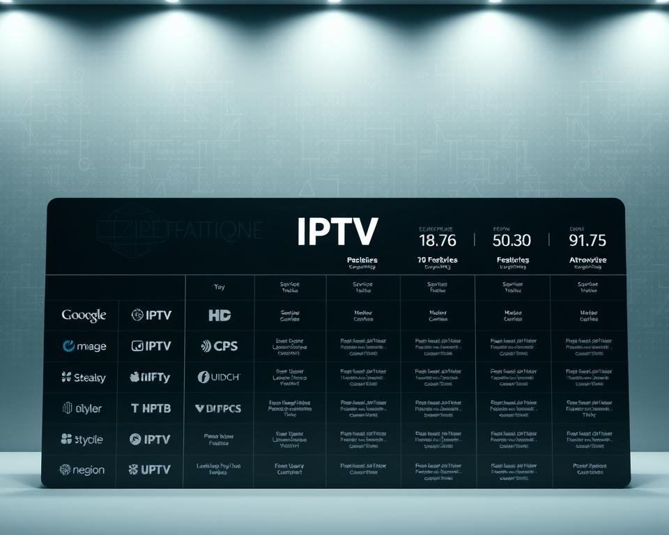 A sleek, minimalist comparison chart presenting specialized IPTV services against a modern, tech-forward backdrop. In the foreground, a grid of service logos and key features displayed in a clean, organized layout. The middle ground features subtle 3D UI elements and infographic visualizations, conveying technical specifications and performance metrics. The background is a muted, gradient-based pattern with hints of digital noise, creating an immersive, high-tech ambiance. Lighting is soft and evenly distributed, with a slightly cool color temperature to match the professional, authoritative tone. The overall composition is balanced and visually striking, drawing the viewer's attention to the essential details of the IPTV service comparison.