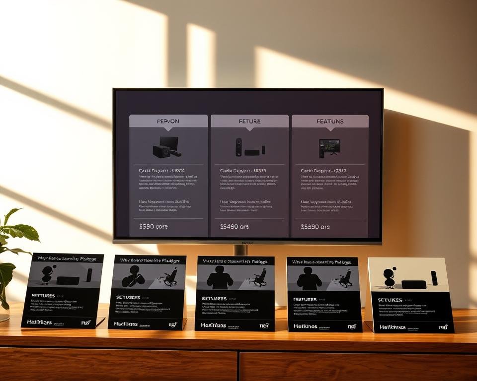 A sleek, minimalist display showcasing various television subscription packages, their detailed pricing options, and feature highlights. A clean, well-lit tabletop scene with packages neatly arranged, their silhouettes and icons casting subtle shadows. Warm, natural lighting illuminates the setup, creating a sense of sophistication and clarity. The packages are presented in a grid-like formation, allowing easy comparison of the different tiers and add-ons. The overall composition guides the viewer's eye, highlighting the key information in a visually appealing and informative manner.