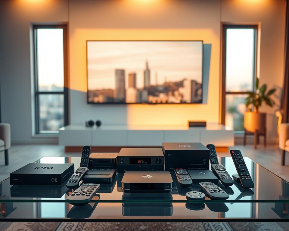 A sleek, minimalist living room with a large, wall-mounted TV. In the foreground, an array of streaming devices - from a compact IPTV box to a high-end media player - are neatly arranged on a modern, glass-topped coffee table. The devices are surrounded by various remote controls, showcasing their diverse connectivity and functionality. Warm, indirect lighting creates a cozy, inviting atmosphere, while large windows in the background provide natural illumination and a scenic view of a cityscape. The overall scene conveys a sense of thoughtful consideration in choosing the right streaming device to seamlessly integrate with one's viewing needs and home entertainment setup. A sleek, minimalist living room with a large, wall-mounted TV. In the foreground, an array of streaming devices - from a compact IPTV box to a high-end media player - are neatly arranged on a modern, glass-topped coffee table. The devices are surrounded by various remote controls, showcasing their diverse connectivity and functionality. Warm, indirect lighting creates a cozy, inviting atmosphere, while large windows in the background provide natural illumination and a scenic view of a cityscape. The overall scene conveys a sense of thoughtful consideration in choosing the right streaming device to seamlessly integrate with one's viewing needs and home entertainment setup.