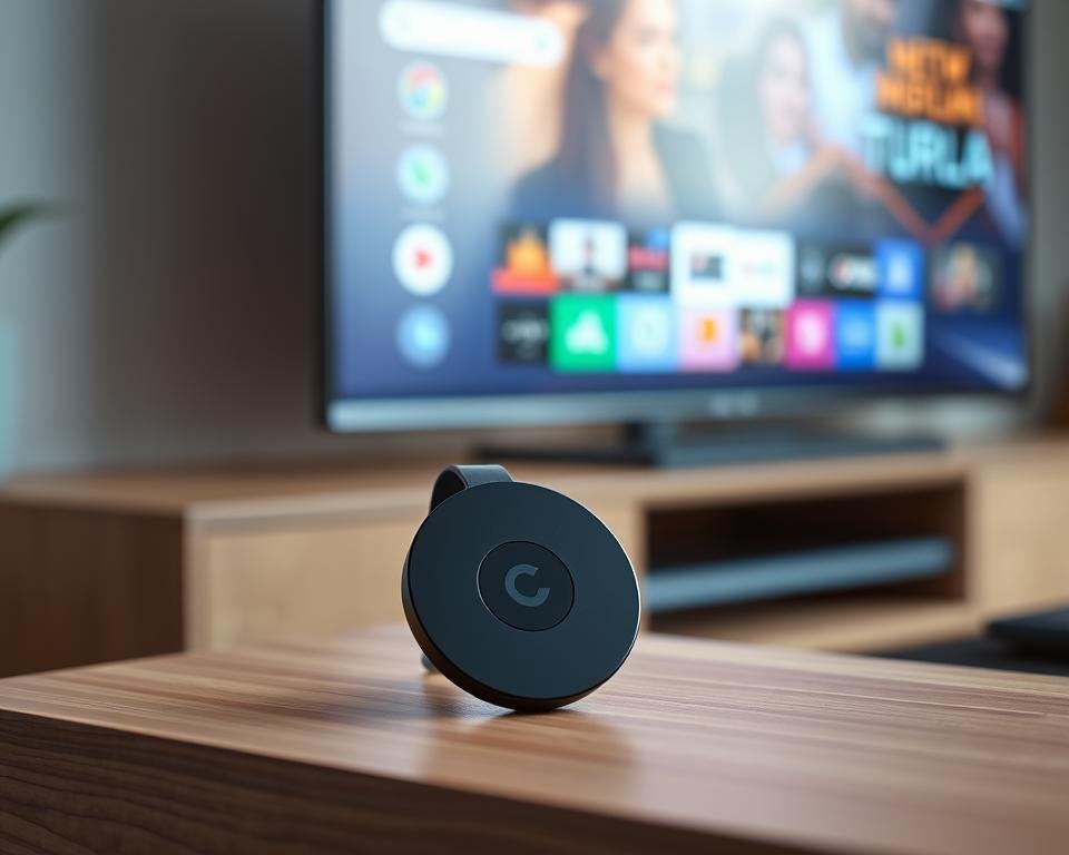 A sleek, modern Google Chromecast streaming device sits prominently on a minimalist, wood-grain television stand. The device's smooth, matte surface reflects a warm, ambient light, giving it a premium, high-tech appearance. The Chromecast's iconic circular shape is offset by clean, angular lines, creating a balanced, visually appealing design. In the background, a large, high-definition television screen displays a vivid, colorful interface, hinting at the device's seamless integration and powerful streaming capabilities. The overall scene conveys a sense of sophistication, simplicity, and the effortless convergence of technology and home entertainment.