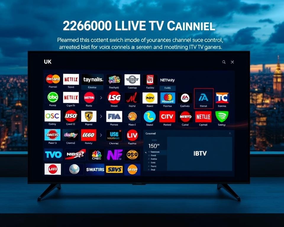 A sleek, modern IPTV interface showcasing a vibrant array of 26,000 live TV channels from the UK market. The foreground features a stylized grid of channel logos, each pulsing with energy against a backdrop of a minimalist user dashboard. The middle ground highlights key streaming features like seamless channel switching, voice controls, and personalized recommendations. In the background, a panoramic view of the UK skyline, bathed in warm lighting, creates a sense of immersion and connection to the local content. The overall composition conveys a premium, user-friendly IPTV experience tailored for the discerning UK viewer.