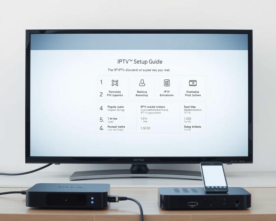 A sleek, modern IPTV setup guide displayed on a high-resolution display with a clean, minimalist interface. The foreground features various home entertainment devices such as a smart TV, streaming box, and mobile device, all connected through clear, labeled cables. The middle ground showcases a step-by-step walkthrough of the IPTV setup process, with intuitive icons and easy-to-follow instructions. The background has a soft, neutral color palette, creating a calm and professional atmosphere. The lighting is bright and even, highlighting the details of the equipment and the clarity of the guide. The entire scene conveys a sense of simplicity and user-friendliness, making the IPTV setup process accessible and approachable.
