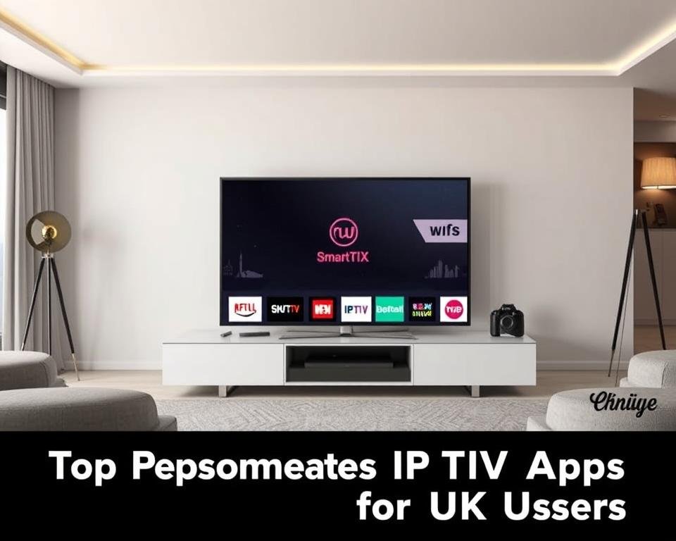 A sleek, modern comparison of the top IPTV apps for UK users, showcased on a stylish device like a Firestick or smart TV. The foreground features the app logos arranged in an elegant grid, each one crisp and detailed. The middle ground depicts a serene, minimalist living room setting, allowing the apps to take center stage. The background subtly incorporates UK landmarks or cityscapes, hinting at the regional focus. The lighting is soft and warm, creating a cozy, inviting atmosphere. The overall composition is balanced and visually striking, making it an ideal illustration for the "Top Recommended IPTV Apps for UK Users" section.