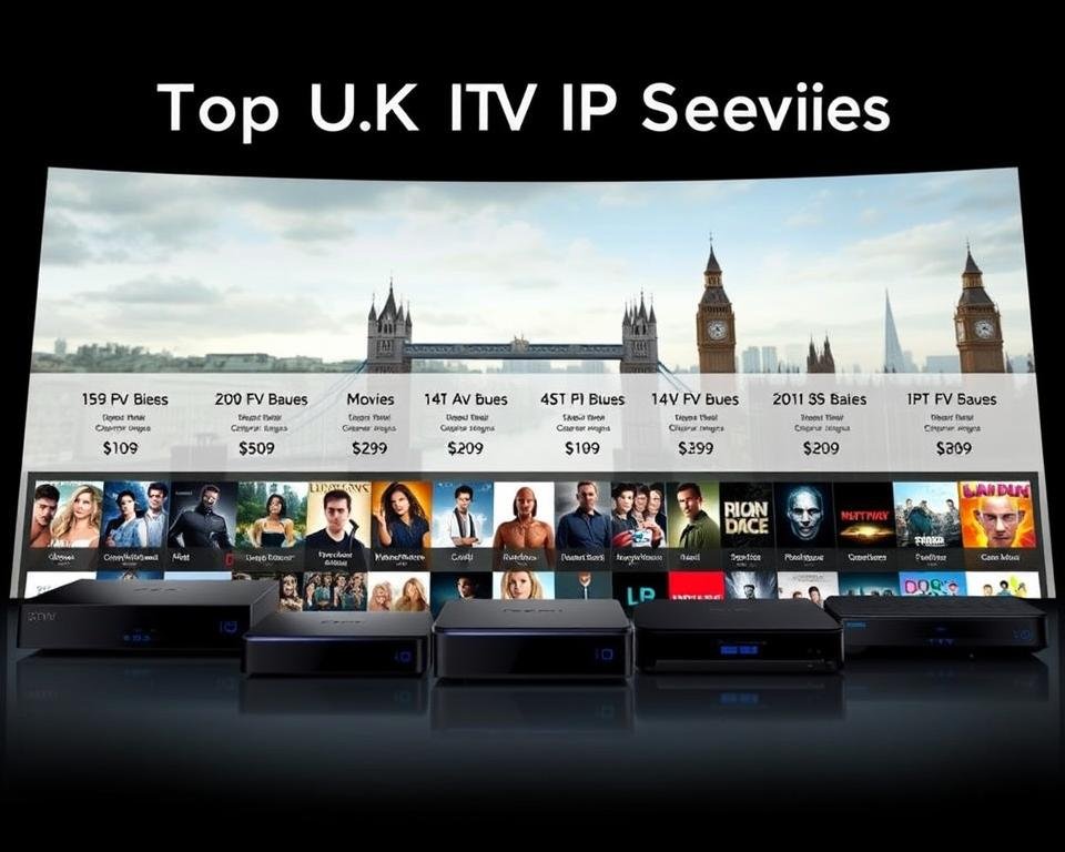A sleek, modern comparison of the top UK IPTV services, showcasing their features and offerings. In the foreground, a row of high-end streaming devices, each representing a different IPTV provider, surrounded by a clean, minimalist interface displaying their respective channel lineups and pricing. The middle ground features a dynamic grid of movie and TV show thumbnails, hinting at the vast content libraries available. In the background, a stylized, cinematic cityscape of London's iconic landmarks, subtly alluding to the UK-centric nature of these IPTV services. The overall mood is one of sophistication, technology, and the promise of seamless, high-quality entertainment for the discerning movie fan. A sleek, modern comparison of the top UK IPTV services, showcasing their features and offerings. In the foreground, a row of high-end streaming devices, each representing a different IPTV provider, surrounded by a clean, minimalist interface displaying their respective channel lineups and pricing. The middle ground features a dynamic grid of movie and TV show thumbnails, hinting at the vast content libraries available. In the background, a stylized, cinematic cityscape of London's iconic landmarks, subtly alluding to the UK-centric nature of these IPTV services. The overall mood is one of sophistication, technology, and the promise of seamless, high-quality entertainment for the discerning movie fan.