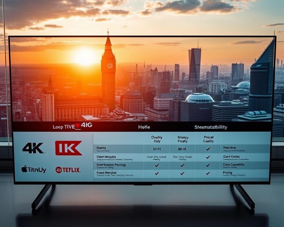 A sleek, modern comparison of the top UK live TV 4K streaming services, showcased on a minimalist, glass-and-steel display. The foreground features prominent brand logos of the major providers, their key features highlighted in subtle yet informative callouts. The middle ground presents detailed side-by-side comparisons of streaming quality, device compatibility, and pricing. In the background, a cityscape of London's iconic skyline sets the scene, bathed in a warm, golden glow from the setting sun. The overall composition conveys a sense of professionalism, clarity, and authority, perfectly suited to illustrate the "Top UK Live TV 4K Streaming Services Compared" section.