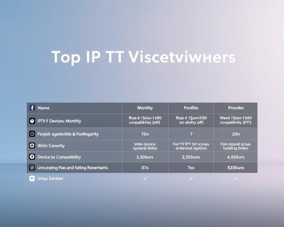 A sleek, modern comparison of top IPTV service providers, showcasing their key features and offerings against a clean, minimalist background. The foreground displays a row of high-quality icons representing each provider, arranged neatly with subtle highlights and shadows to draw the eye. The middle ground features concise, legible text detailing the service names, monthly costs, device compatibility, and unique selling points. The background maintains a soft, muted tone, allowing the provider information to take center stage. Subtle gradients and smooth transitions create a sense of depth and professionalism, while balanced lighting and camera angles convey a sophisticated, informative visual experience.