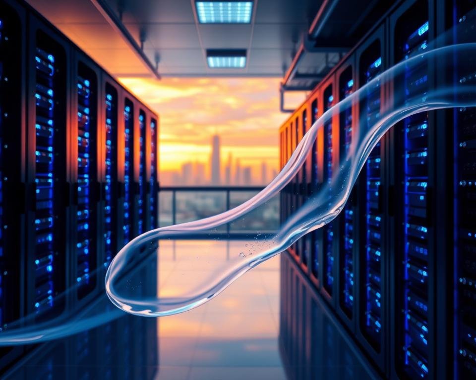 A sleek, modern data center with rows of server racks, glowing blue and purple lights illuminating the interior. In the foreground, a translucent, ethereal stream of anti-freeze liquid flows gracefully, cooling the servers and maintaining optimal performance. The background features a panoramic view of the city skyline, bathed in a warm, golden glow from the sunset. The entire scene is captured with a wide-angle lens, emphasizing the scale and technological sophistication of the setup. The mood is one of efficiency, reliability, and cutting-edge innovation.