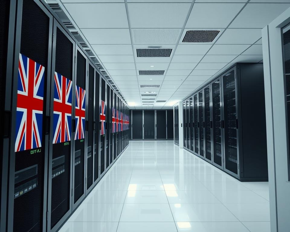 A sleek, modern data center with rows of server racks in a bright, climate-controlled environment. The servers are adorned with the UK flag, indicating their localization and origin. The lighting is soft and even, creating a sense of professionalism and reliability. The camera angle is slightly elevated, giving a comprehensive view of the setup. The overall atmosphere conveys a sense of efficiency, security, and the capacity to handle high-bandwidth streaming demands seamlessly.