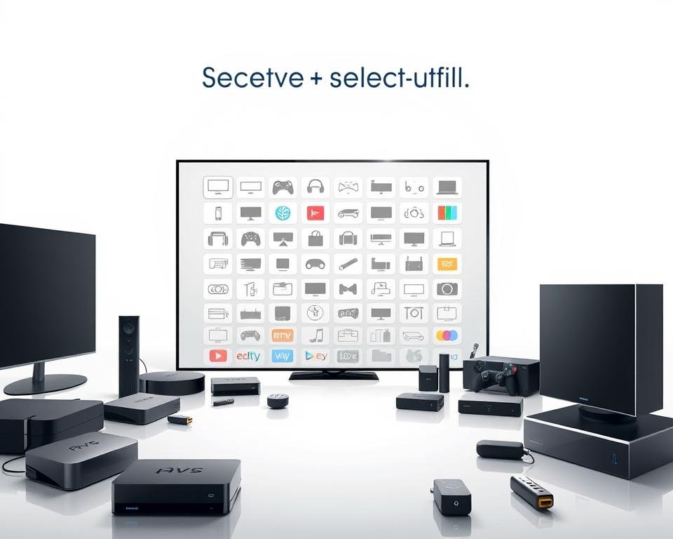 A sleek, modern device compatibility guide displayed on a minimalist white background. The foreground features an arrangement of various streaming devices - smart TVs, gaming consoles, set-top boxes, and dongles - all rendered in high detail with clean lines and muted colors. The middle ground showcases a grid-like layout of compatible device icons, each neatly organized and color-coded to denote different categories. The background has a soft, ethereal glow, creating a sense of technological sophistication. Subtle shadows and reflections add depth and realism to the scene. The overall composition conveys a comprehensive, user-friendly guide for optimal streaming on a variety of devices.