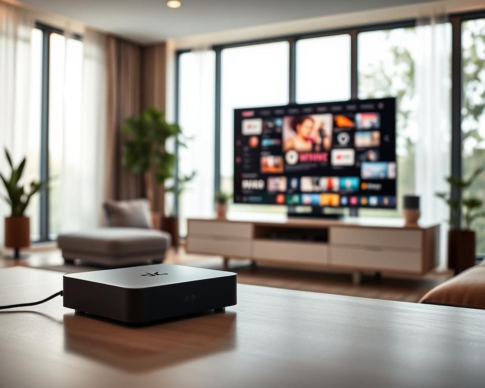 A sleek, modern home entertainment setup showcasing premium TV streaming features. In the foreground, a high-end 4K smart TV displays a vibrant, crystal-clear image. Beside it, a state-of-the-art streaming device with a minimalist design blends seamlessly into the space. The middle ground features a minimalist media console with clean lines and subtle lighting, creating a sense of luxury. The background depicts a cozy living room with large windows, allowing natural light to flood the scene and elevate the premium ambiance. Sophisticated and captivating, this image embodies the key features of a premium UK IPTV service.