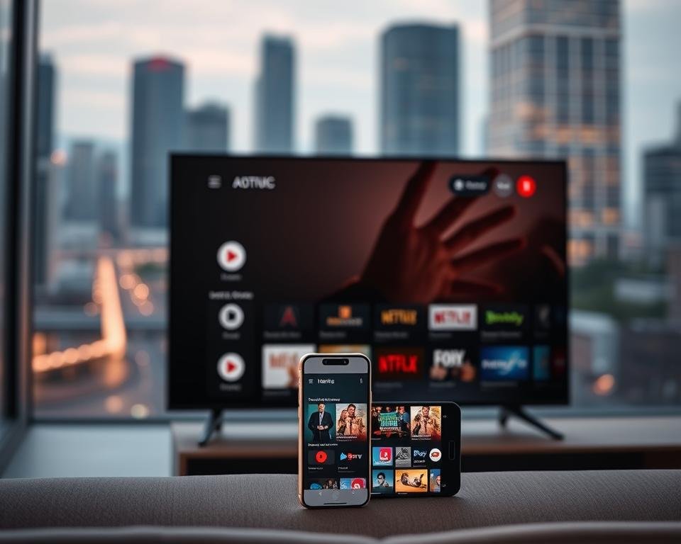 A sleek, modern interface with high-definition video playback, dynamic content recommendations, and seamless multi-device support. In the foreground, a minimalist smart TV display showcases a collection of premium streaming service icons. In the middle ground, a smartphone and tablet mirror the interface, highlighting cross-platform accessibility. The background features a blurred cityscape, evoking a sense of urban connectivity and the convenience of on-the-go entertainment. Soft, directional lighting illuminates the scene, creating a polished, high-end aesthetic. The overall atmosphere conveys the effortless integration of cutting-edge technology and premium media experiences. A sleek, modern interface with high-definition video playback, dynamic content recommendations, and seamless multi-device support. In the foreground, a minimalist smart TV display showcases a collection of premium streaming service icons. In the middle ground, a smartphone and tablet mirror the interface, highlighting cross-platform accessibility. The background features a blurred cityscape, evoking a sense of urban connectivity and the convenience of on-the-go entertainment. Soft, directional lighting illuminates the scene, creating a polished, high-end aesthetic. The overall atmosphere conveys the effortless integration of cutting-edge technology and premium media experiences.