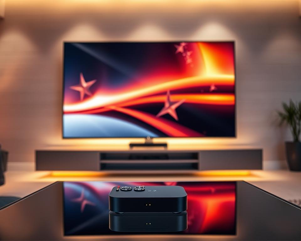 A sleek, modern interior setting with a large TV screen displaying a vibrant, high-quality image. In the foreground, a remote control and a streaming device sit atop a minimalist, glass-topped coffee table. Indirect lighting creates a warm, inviting atmosphere, while the background showcases a minimalist, neutral-toned wall with subtle textures. The overall scene conveys the premium, high-tech experience of a top-tier IPTV service, highlighting its essential features like seamless multi-device streaming, superior image quality, and intuitive user controls.