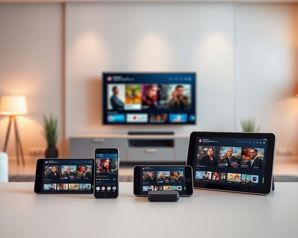 A sleek, modern interior with an array of digital devices seamlessly connected and streaming content. In the foreground, a high-definition television, smartphone, and tablet are arranged harmoniously, showcasing the seamless compatibility. The middle ground features a minimalist entertainment center with clean lines and a sophisticated aesthetic. The background is illuminated by warm, soft lighting, creating a cozy and inviting atmosphere. The scene conveys the effortless integration of technology into everyday life, highlighting the versatility and convenience of multi-device streaming.