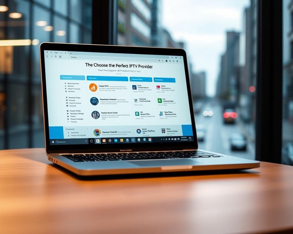 A sleek, modern laptop displaying a detailed guide on choosing the perfect IPTV provider for UK residents. The screen shows a well-organized layout with clear sections, icons, and user-friendly navigation. The laptop is positioned on a minimalist wood-and-steel desk, illuminated by a soft, indirect lighting that casts a warm glow. The background is a blurred, urban cityscape, hinting at the connectivity and digital lifestyle associated with IPTV. The overall scene conveys a sense of professionalism, clarity, and practicality, reflecting the informative nature of the "Choosing the Right UK IPTV Provider for You" guide.