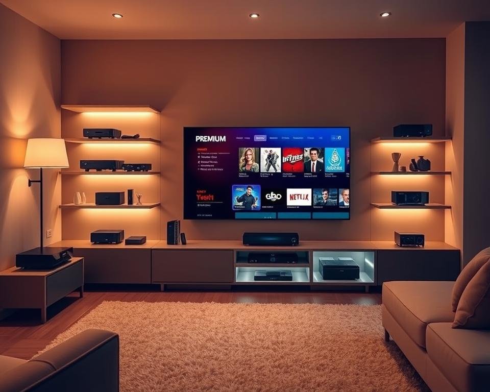 A sleek, modern living room with a large flatscreen TV displaying a premium channel selection. The TV is flanked by contemporary entertainment unit shelves showcasing various cable boxes, streaming devices, and remote controls. The room is bathed in warm, soft lighting, creating a cozy and inviting atmosphere. The walls are painted in a neutral color scheme, allowing the TV and the technology to take center stage. The floor is covered in a plush, neutral-toned rug, and the room is furnished with comfortable, minimalist seating. The overall scene conveys a sense of luxury and high-end entertainment, perfect for illustrating a "Premium UK and International Channels" section. A sleek, modern living room with a large flatscreen TV displaying a premium channel selection. The TV is flanked by contemporary entertainment unit shelves showcasing various cable boxes, streaming devices, and remote controls. The room is bathed in warm, soft lighting, creating a cozy and inviting atmosphere. The walls are painted in a neutral color scheme, allowing the TV and the technology to take center stage. The floor is covered in a plush, neutral-toned rug, and the room is furnished with comfortable, minimalist seating. The overall scene conveys a sense of luxury and high-end entertainment, perfect for illustrating a "Premium UK and International Channels" section.
