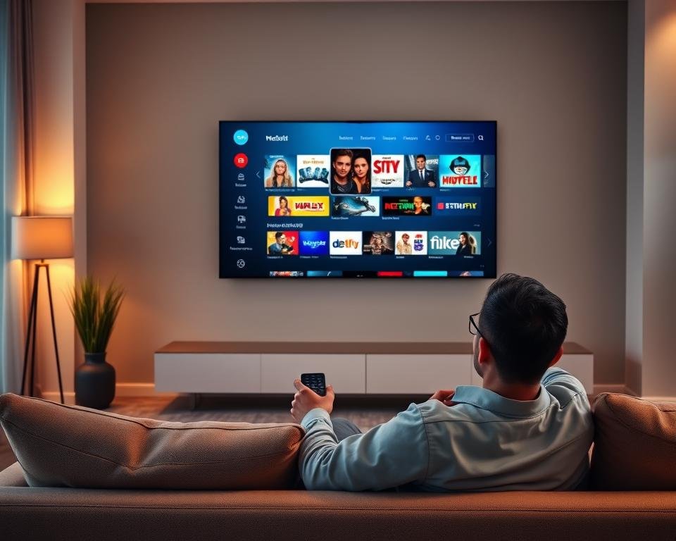 A sleek, modern living room with a large, wall-mounted television taking center stage. On the screen, a streaming platform's user interface is displayed, showcasing a clean and intuitive layout with vibrant thumbnails, clear navigation menus, and a visually appealing color scheme. In the foreground, a person is seated comfortably on a plush sofa, remote in hand, engrossed in browsing the platform's content selection. The room is bathed in warm, soft lighting, creating a cozy and inviting atmosphere, perfect for an evening of streaming. The overall scene conveys a seamless, enjoyable user experience with the streaming platform.