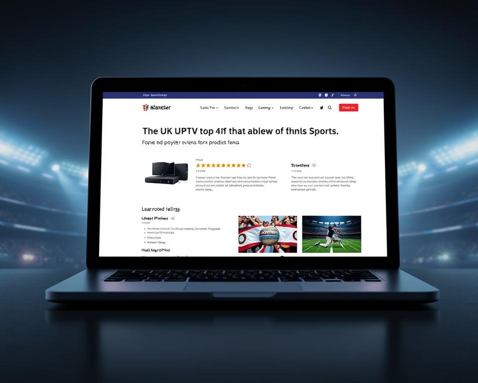 A sleek, modern review site showcasing the top UK IPTV providers for sports fans. A stylized laptop or tablet displays detailed provider ratings and reviews, framed by a clean, minimalist design. The foreground features high-quality product shots, while the background subtly incorporates sports imagery - stadium silhouettes, scoreboard graphics, or team logos. Lighting is soft and diffused, creating a professional, authoritative atmosphere. The overall composition conveys a sense of trust, reliability, and expertise in the IPTV provider selection process.