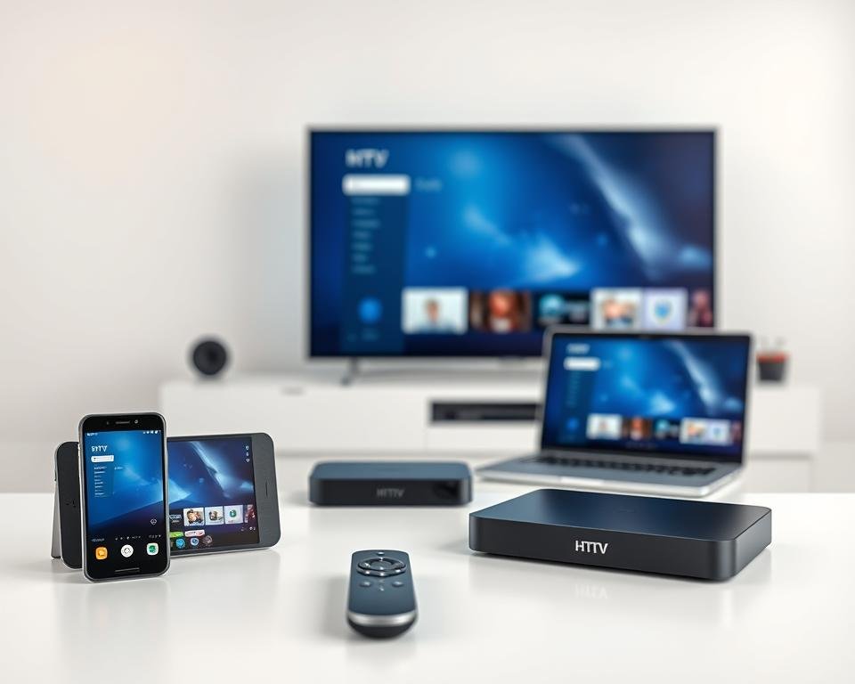 A sleek, modern setup featuring a range of devices seamlessly connected for multi-platform streaming. In the foreground, a smartphone, tablet, and remote control are arranged in a visually appealing layout, highlighting the versatility of the service. The middle ground showcases a smart TV, laptop, and streaming box, all displaying the same content in perfect synchronization. The background subtly incorporates icons and shapes suggestive of various operating systems and device compatibility. Soft, diffused lighting creates a clean, premium aesthetic, while the overall composition conveys the effortless, reliable nature of the streaming service across all devices.