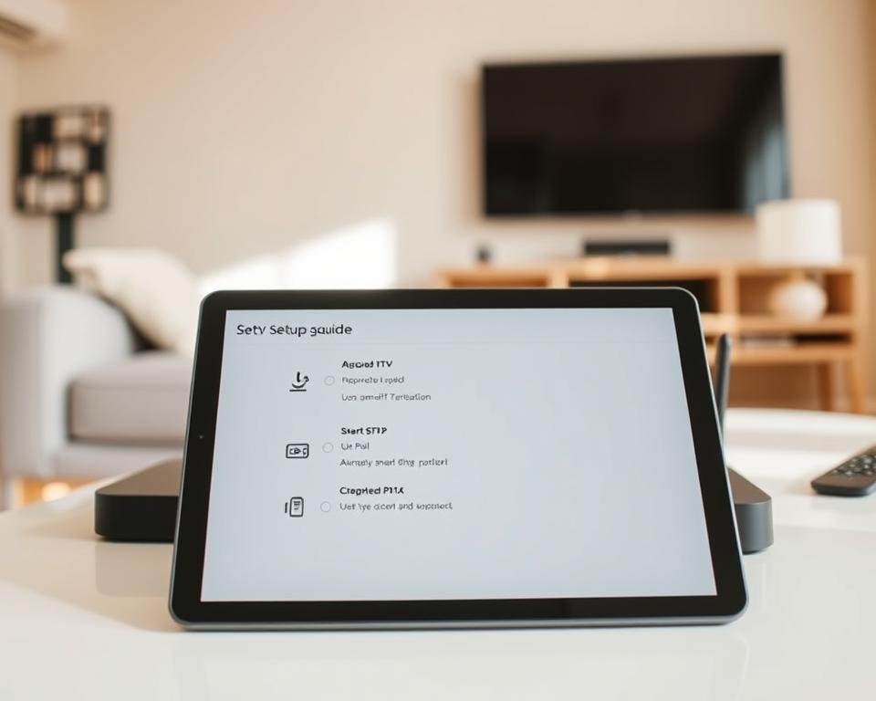 A sleek, modern setup guide for an IPTV service, showcasing a minimalist user interface on a tablet device. The foreground features the tablet displaying step-by-step instructions, with a clean, intuitive layout. The middle ground includes various smart home devices, such as a streaming box and router, seamlessly integrated into a contemporary living space. The background maintains a soft, neutral palette, allowing the technology to take center stage. Bright, natural lighting creates a warm, inviting atmosphere, while a slightly elevated camera angle provides an aspirational perspective. The overall scene conveys the ease and convenience of setting up a robust IPTV service for a multi-device home entertainment experience.