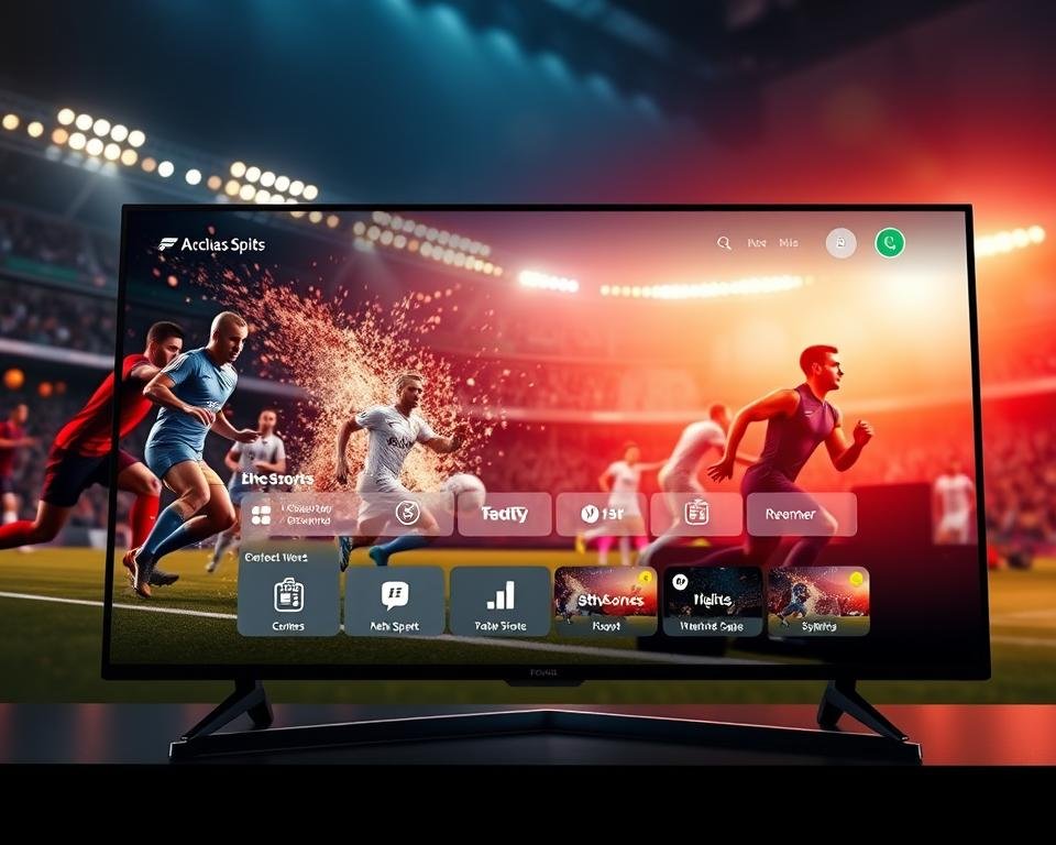 A sleek, modern sports streaming service interface displayed on a high-resolution display. The foreground features a dynamic, action-packed scene of athletes engaged in a variety of popular sports, with crisp, realistic renderings. The middle ground showcases the service's intuitive navigation and content discovery tools, with clean typography and well-organized menu options. The background gradually fades into a vibrant, atmospheric setting that evokes the excitement and energy of live sports. The lighting is warm and natural, with strategic use of depth of field to draw the viewer's attention to the key elements. The overall composition and color palette convey a sense of premium quality, professionalism, and the thrill of the ultimate sports viewing experience.