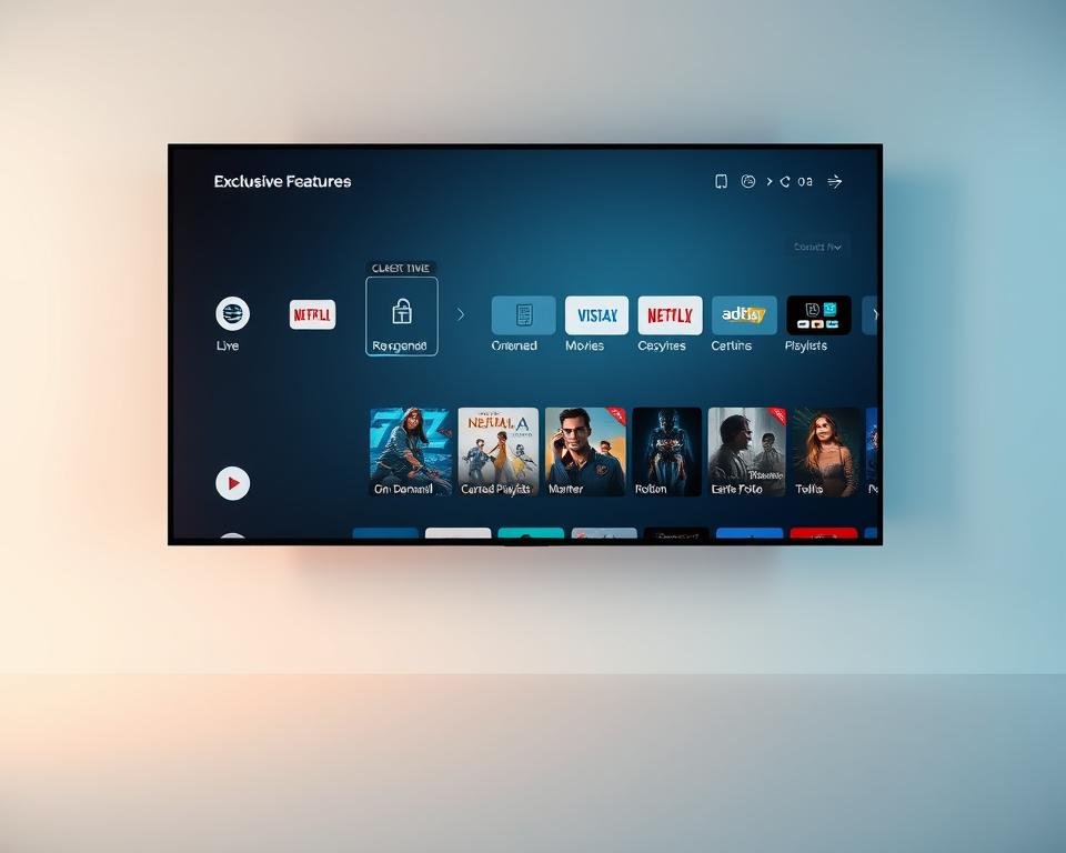 A sleek, modern streaming interface floats against a minimalist backdrop. Crisp icons and intuitive menus highlight exclusive features - live TV channels, on-demand movies, curated playlists. Soft lighting illuminates the UI, casting a warm glow. The display floats in a clean, expansive space, suggesting a seamless, high-quality viewing experience. Subtle depth-of-field blur frames the interface, directing the viewer's eye. An air of sophistication and effortless usability pervades the scene, inviting the user to explore the service's premium capabilities.