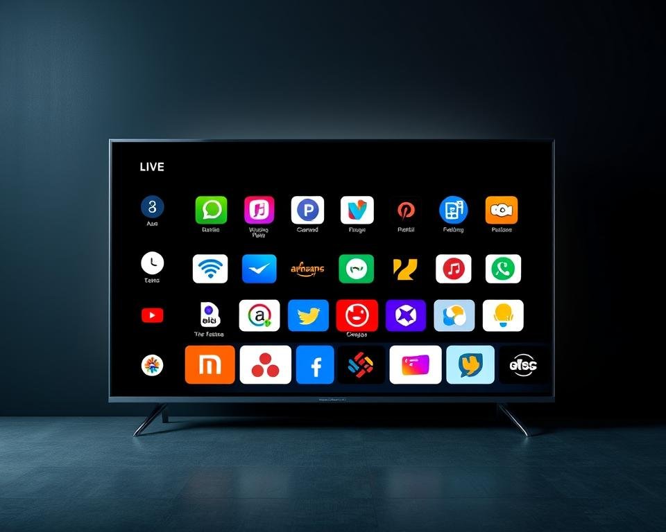 A sleek, modern television display with a selection of live channel icons arranged in a grid. The screen has a high-definition, crystal-clear display with a vibrant, saturated color palette. The channels are represented by minimalist, abstract icons in a range of colors and shapes, suggesting a diverse and comprehensive offering. The display is set against a dark, sophisticated background, creating a sense of depth and contrast. The overall composition is clean, elegant, and inviting, reflecting the unparalleled selection of live television channels described in the article's section title.