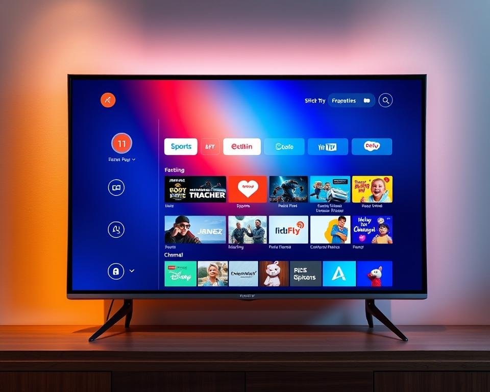 A sleek, modern television set displaying a vibrant, high-definition IPTV interface. The screen is illuminated with a warm, soft lighting, casting a glow over the room. The image is sharp, with a crisp, clean color palette and attention to detail. The user interface showcases a range of content categories, including sports, movies, and children's channels, all easily navigable. The overall impression is one of superior streaming quality, reliability, and a seamless viewing experience.