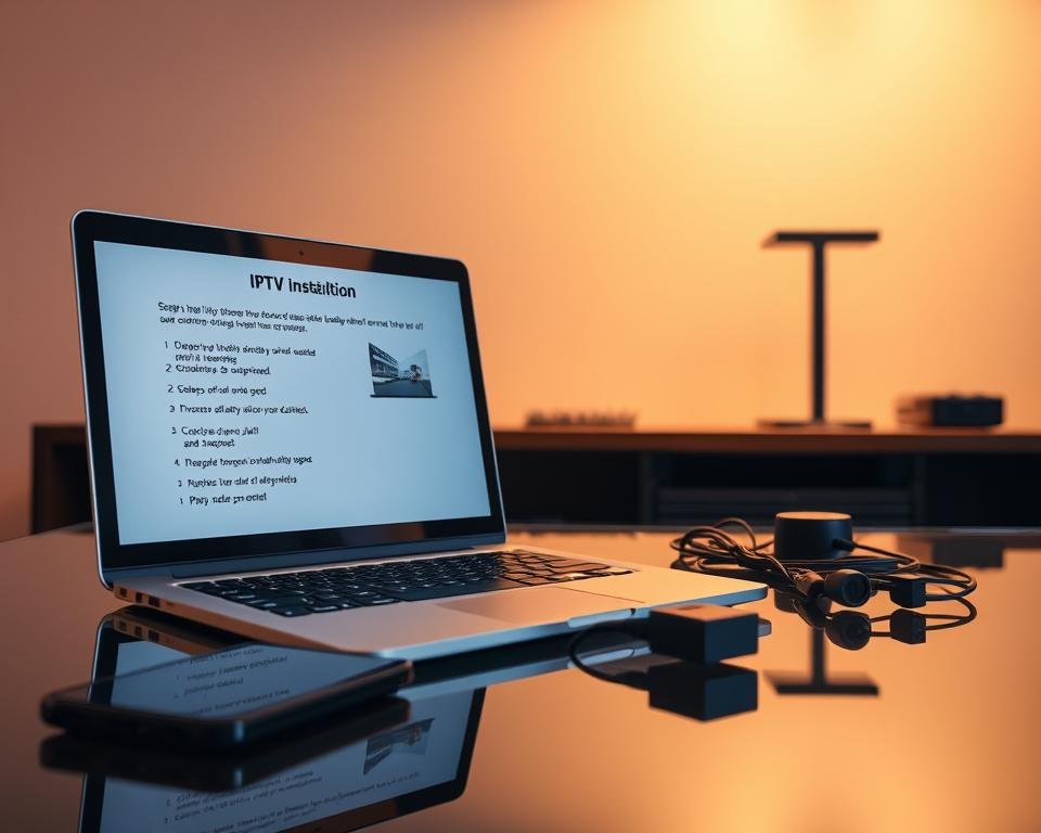 A sleek, modern workspace illuminated by warm, ambient lighting. In the foreground, a laptop displays step-by-step instructions for IPTV installation, its screen reflected on a polished, glass-topped desk. Nearby, a smartphone and remote control suggest the various devices supported. In the middle ground, a neatly organized array of cables, adapters, and other installation accessories convey the technical nature of the task. The background features a minimalist, monochromatic wall, allowing the user's focus to remain on the installation guide and associated equipment.